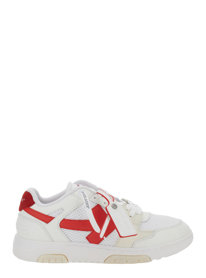 Slim Out Of Office White Low Top Sneakers With Arrow Motif And Zip-Tie Tag Mesh Inserts Leather Man