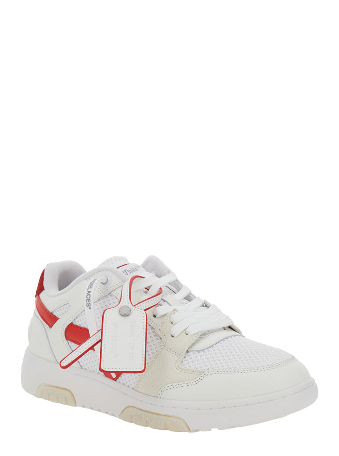 Slim Out Of Office White Low Top Sneakers With Arrow Motif And Zip-Tie Tag Mesh Inserts Leather Man