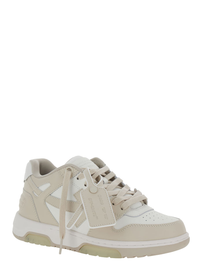Out Of Office White And Beige Low Top Sneakers With Arrow Motif Leather Woman Polyester
