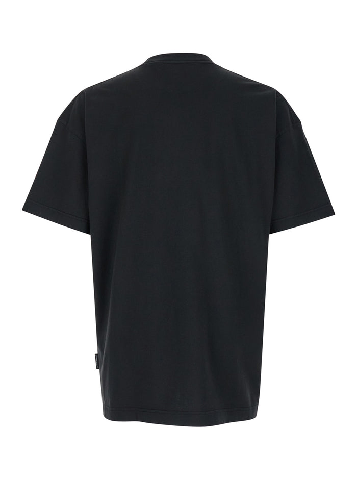 Black Crewneck T-Shirt With College Style Logo On The Front Cotton Man Tshirts And Polo Shirts