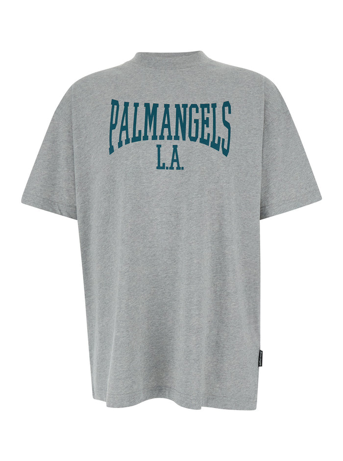 Grey Crewneck T-Shirt With College Style Logo On The Front Cotton Man Tshirts And Polo Shirts