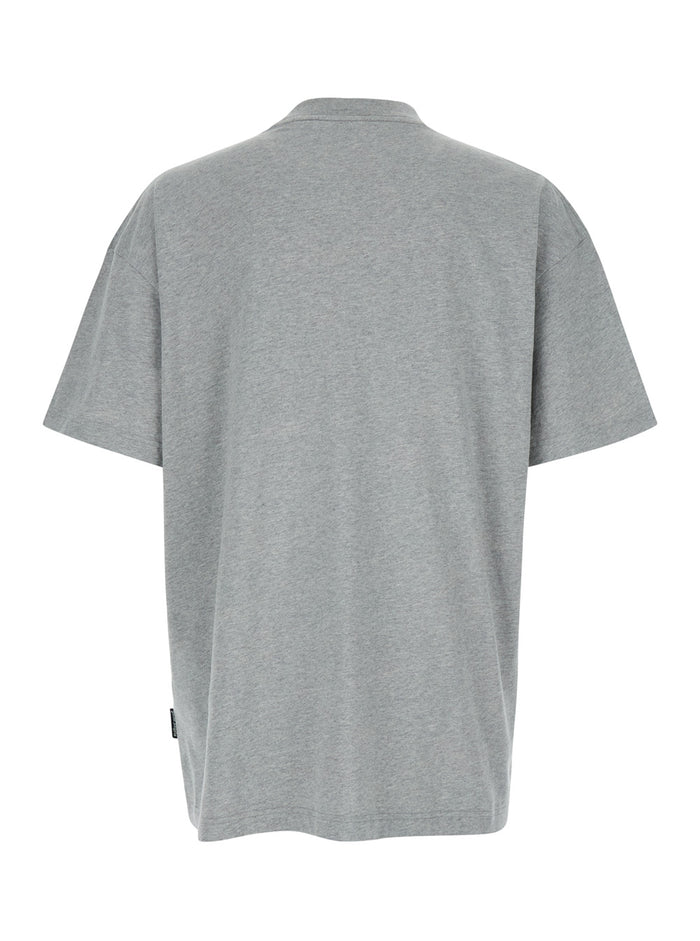 Grey Crewneck T-Shirt With College Style Logo On The Front Cotton Man Tshirts And Polo Shirts