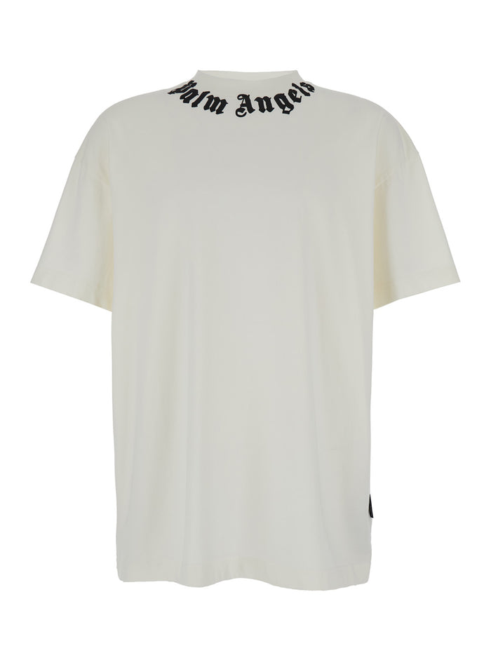 White T-Shirt With Contrasting Logo Lettering Print Cotton Man Tshirts And Polo Shirts