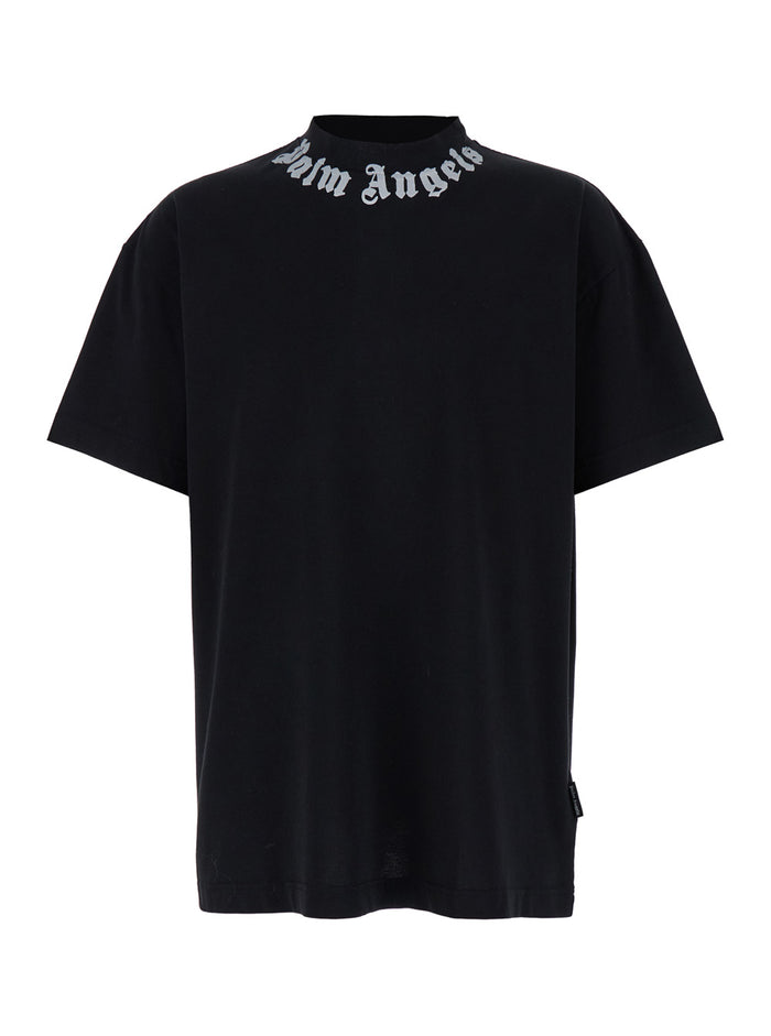 Black T-Shirt With Contrasting Logo Lettering Print Cotton Man Tshirts And Polo Shirts