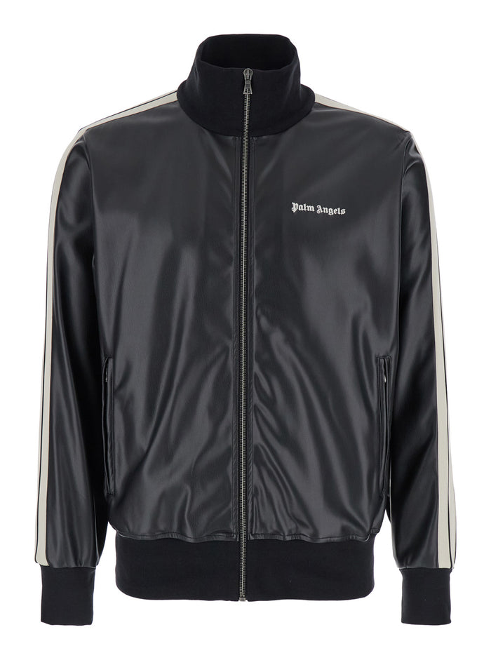 Black Bomber Jacket With Logo Print Eco Leather Man Polyester Polyurethane