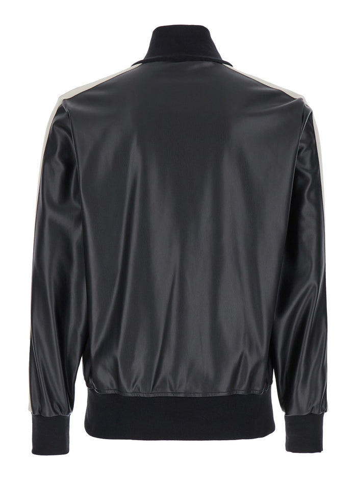 Black Bomber Jacket With Logo Print Eco Leather Man Polyester Polyurethane