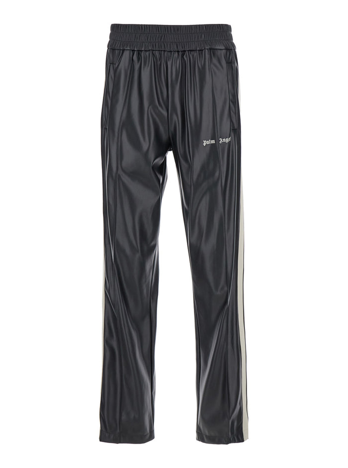 Black Track Pants With Logo Print Eco Leather Man Polyester Trousers