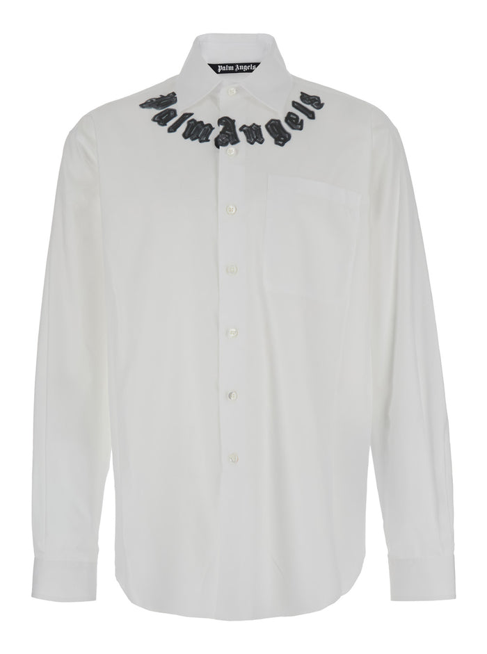 White Shirt With Logo Print Along The Neck Cotton Man And Blouses