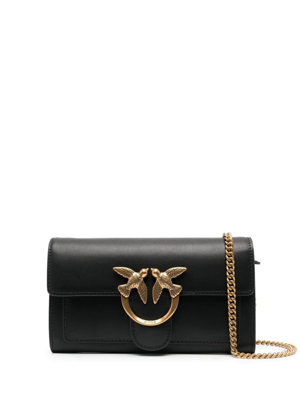 Love One Wallet Black Crossbody Bag With Birds Detail Smooth Leather Woman Mini