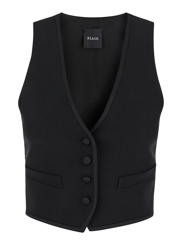 Black Vest With Covered Buttons Tech Fabric Blazers
