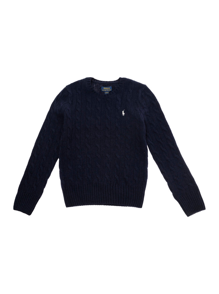 Blue Cable Knit Sweater With Pony Embroidery Girl Blu Wool Cashmere Jersey