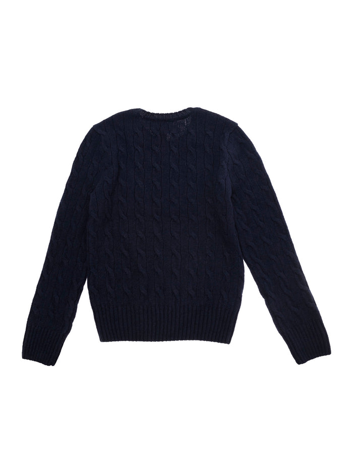 Blue Cable Knit Sweater With Pony Embroidery Girl Blu Wool Cashmere Jersey