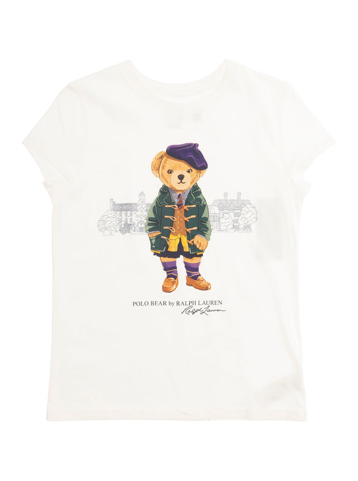 White Crewneck T-Shirt with Maxi Polo Bear Print on the Front in Cotton Girl Tshirts And Shirts