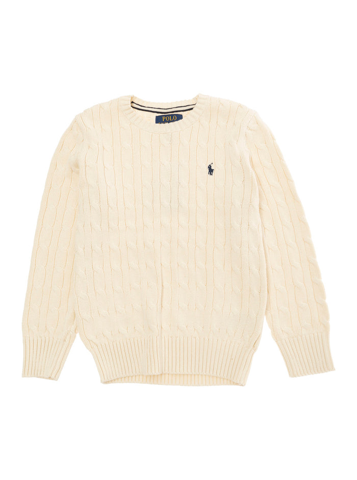 Beige Cable Knit Sweater With Pony Embroidery Boy Cotton Jersey