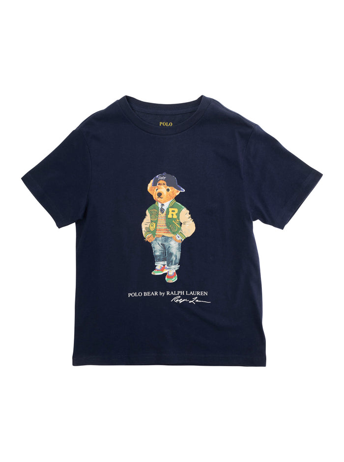 Blue Crewneck T-Shirt With Maxi Polo Bear Print On The Front Cotton Boy Blu Tshirts And Shirts