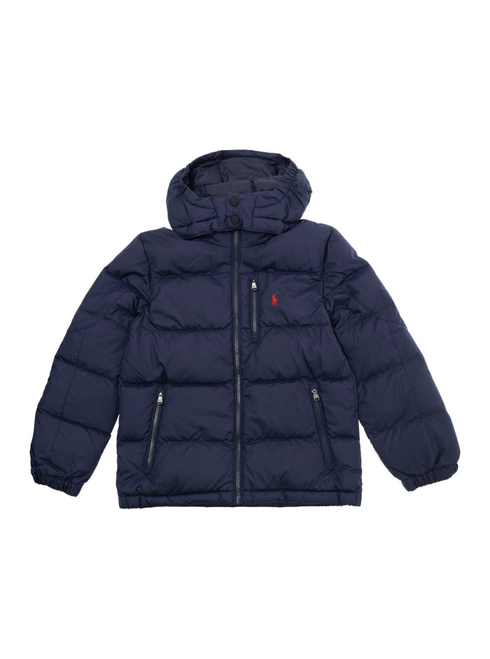 Blue Hooded Down Jacket With Pony Embroidery Tech Fabric Boy Blu Polyester (recycled)