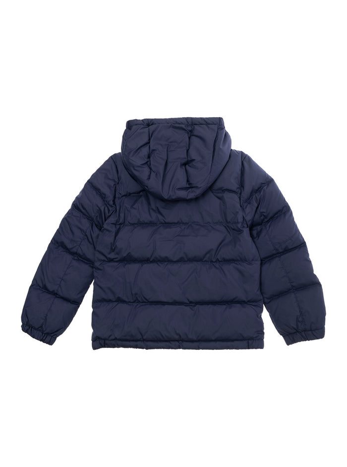 Blue Hooded Down Jacket With Pony Embroidery Tech Fabric Boy Blu Polyester (recycled)