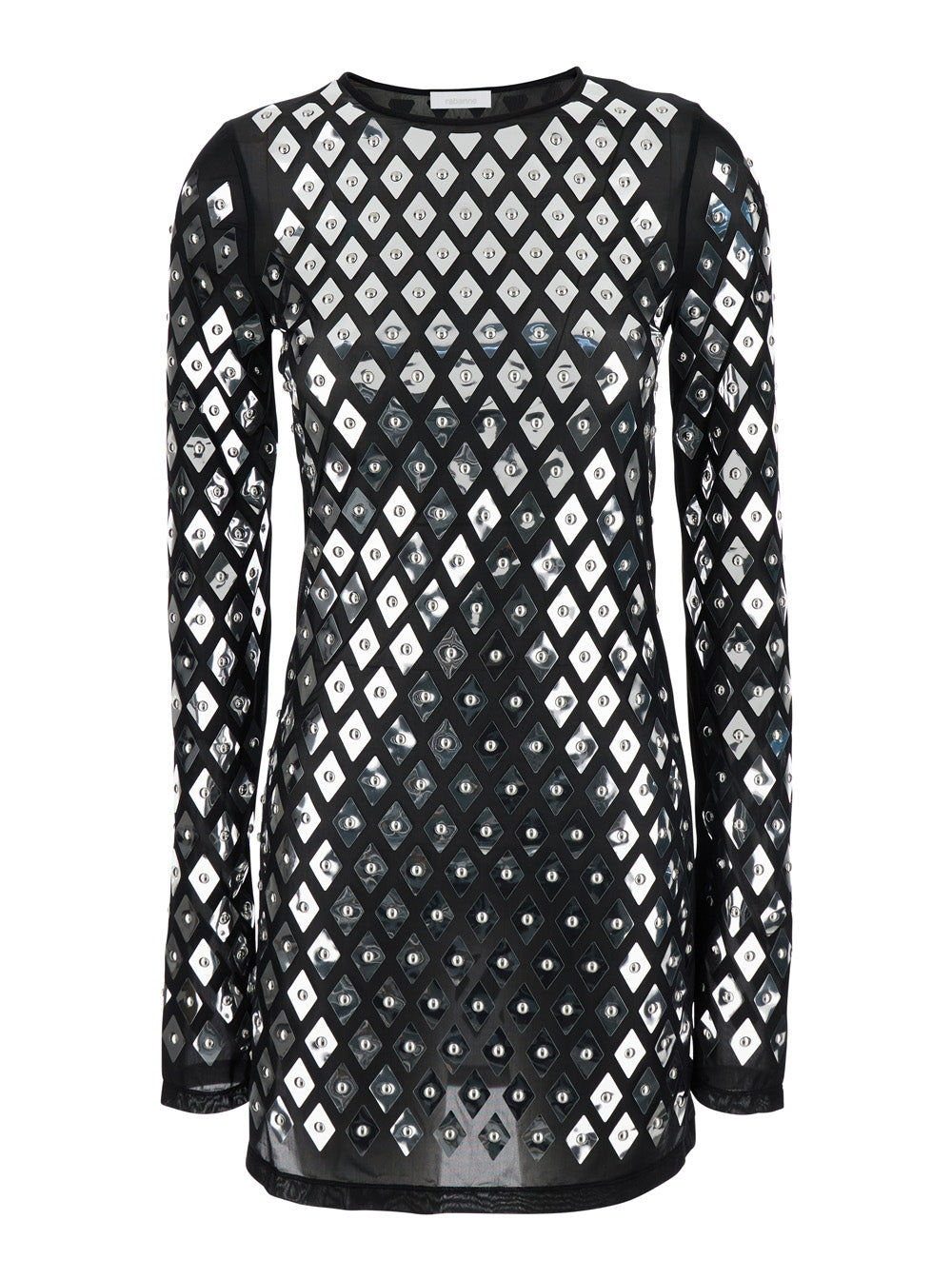 Black Dress With Geometric All-Over Pattern Semi-Transparent Polyamide Woman Elastane