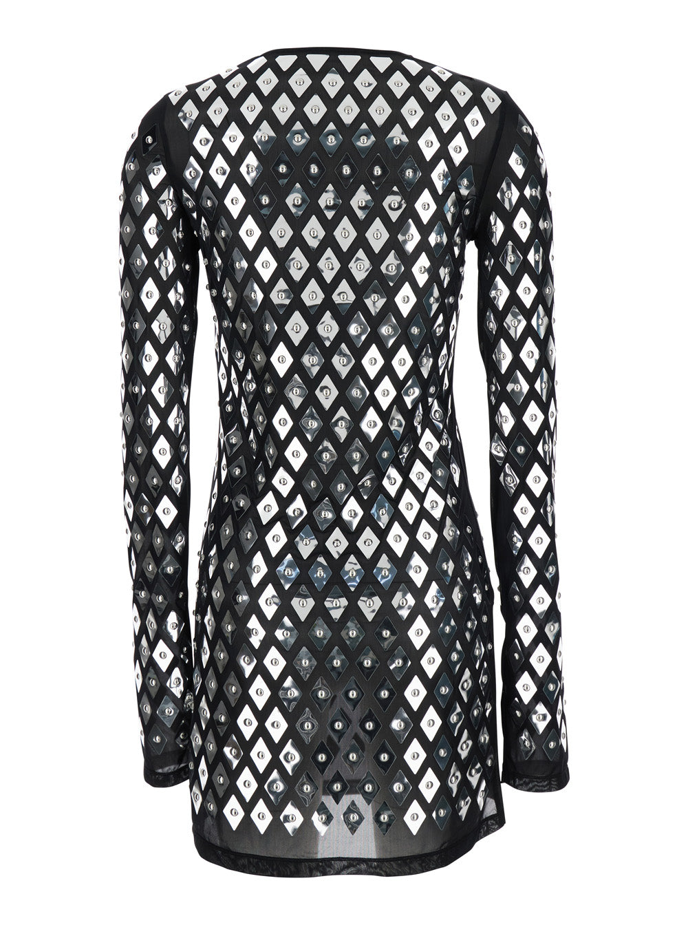 Black Dress With Geometric All-Over Pattern Semi-Transparent Polyamide Woman Elastane