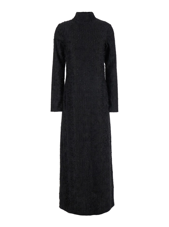 Black Turtleneck Dress with Fringes All-Over in Fabric Woman Polyester Elastane Long