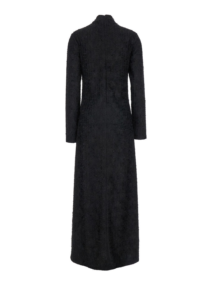 Black Turtleneck Dress with Fringes All-Over in Fabric Woman Polyester Elastane Long