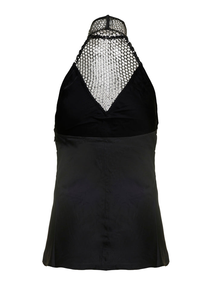 Black Halterneck Top With Sequins Viscose Woman Tops