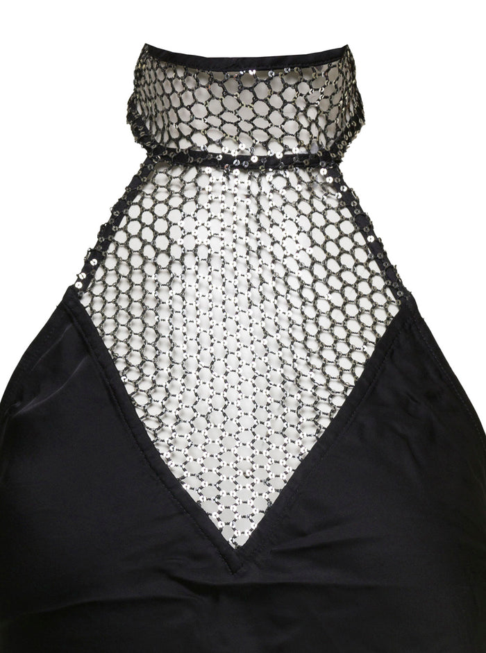 Black Halterneck Top With Sequins Viscose Woman Tops