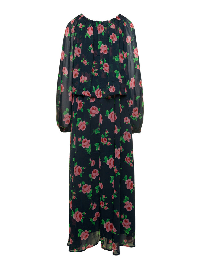 Maxi Multicolor Dress with All-Over Roses Print in Chiffon Woman Recycled Polyester Long