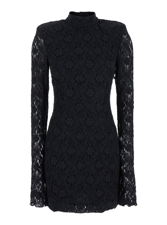 Black Mini Dress With All-Over Floreal Decoration Cotton Blend Woman Polyamide Elastane