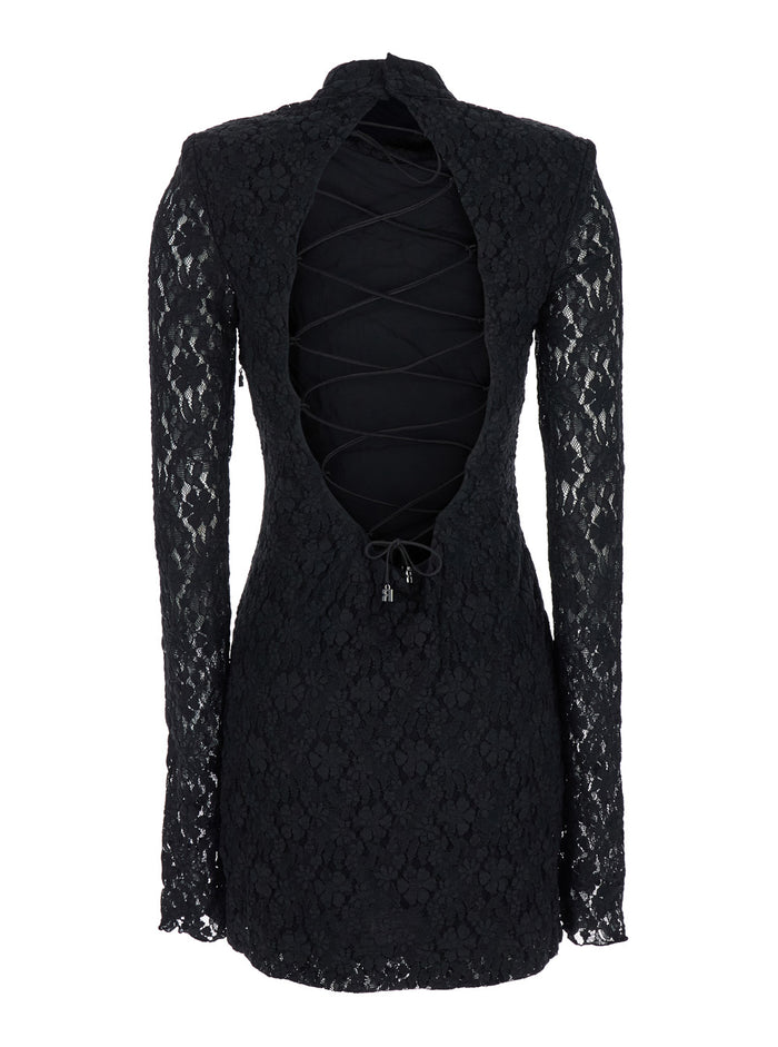 Black Mini Dress With All-Over Floreal Decoration Cotton Blend Woman Polyamide Elastane