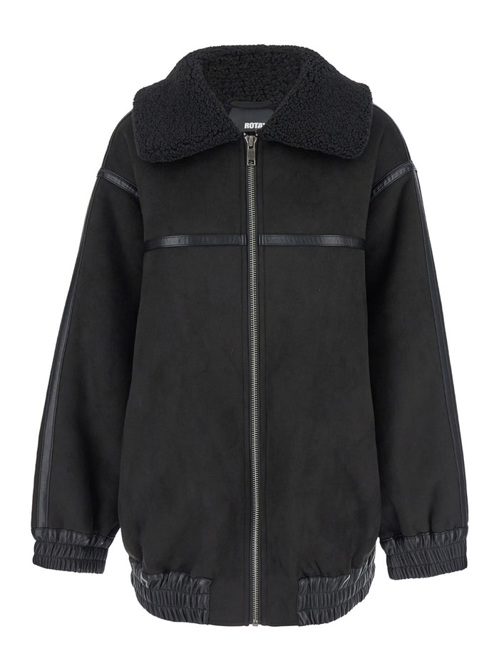Black Bomber Jacket With Wide Collar Suede Woman Polyester Blazers