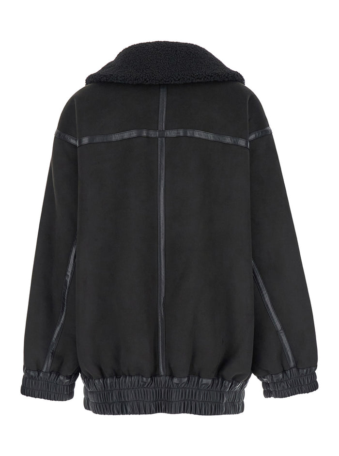Black Bomber Jacket With Wide Collar Suede Woman Polyester Blazers