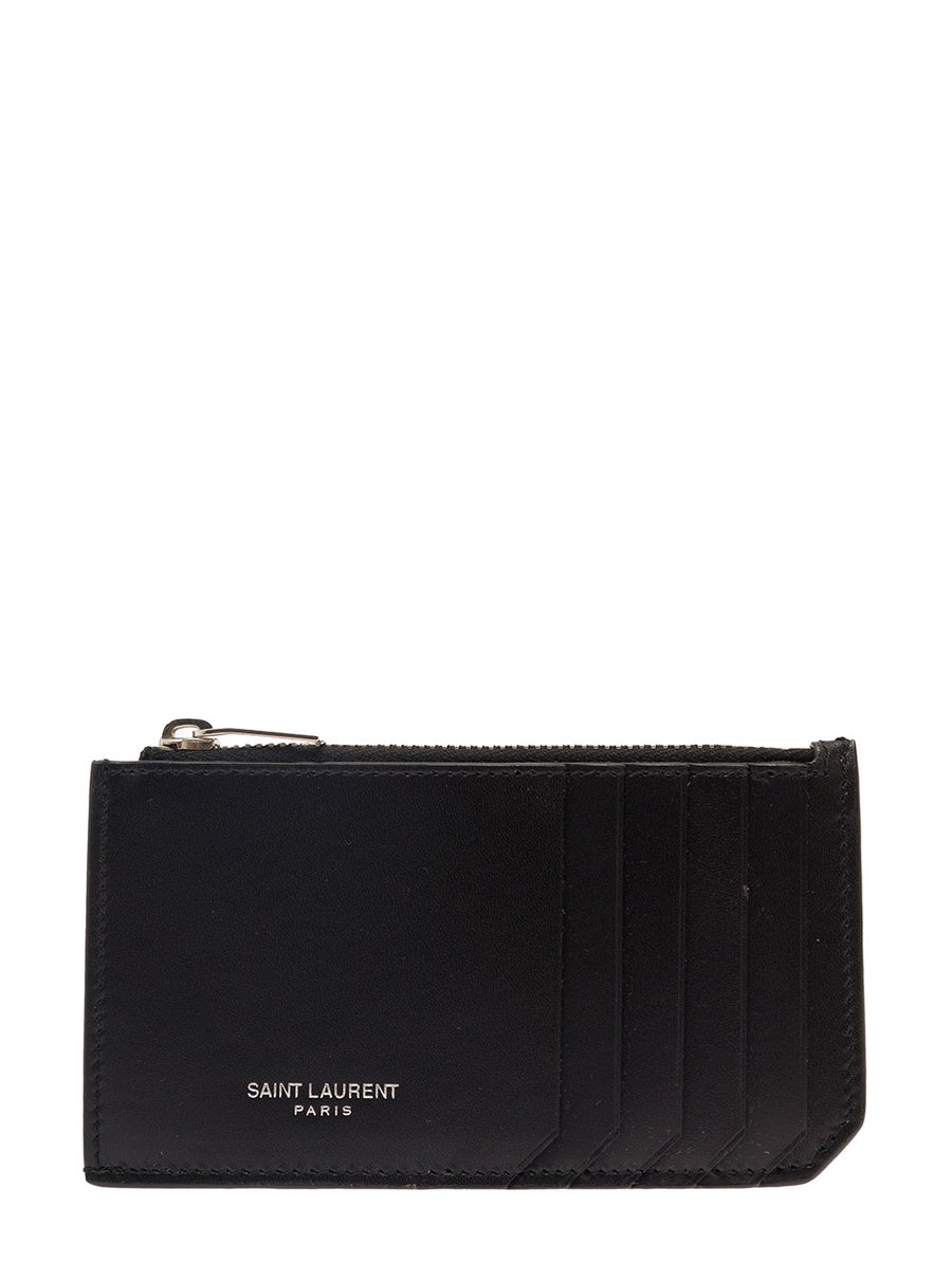 Black Leather Card-Holder With Logo Calf Accessory