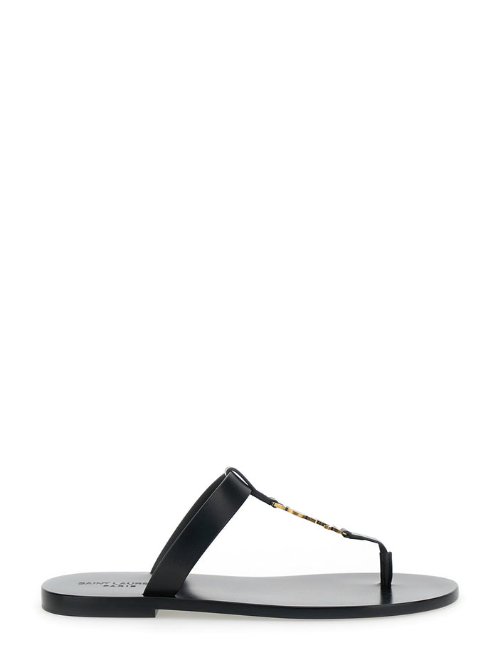 Cassandre Black Flat Sandals With A T-Strap Leather Woman Calf Shoes