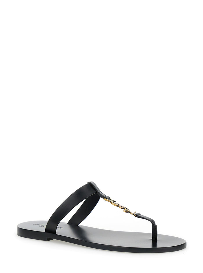 Cassandre Black Flat Sandals With A T-Strap Leather Woman Calf Shoes