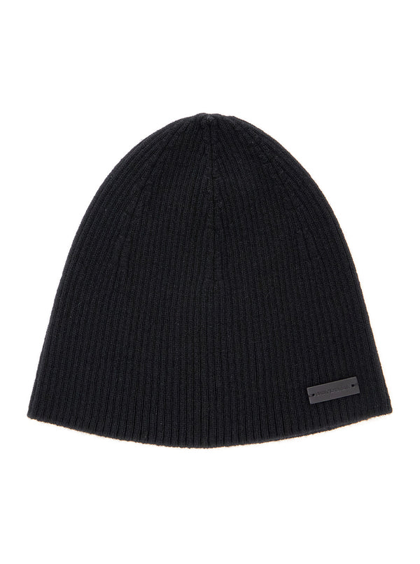 Black Cashmere Beanie With Logo Patch Hat