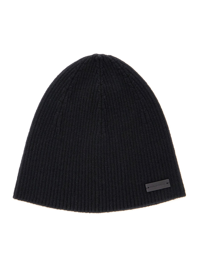 Black Beanie with Logo Patch in Cashmere Man Hats And Gloves