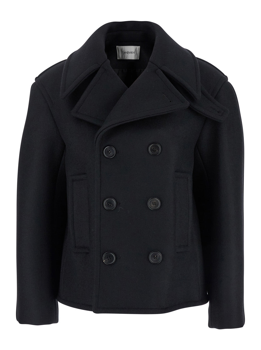 Black Double-Breasted Coat with Classic Wide Revers in Wool Woman Outerwear