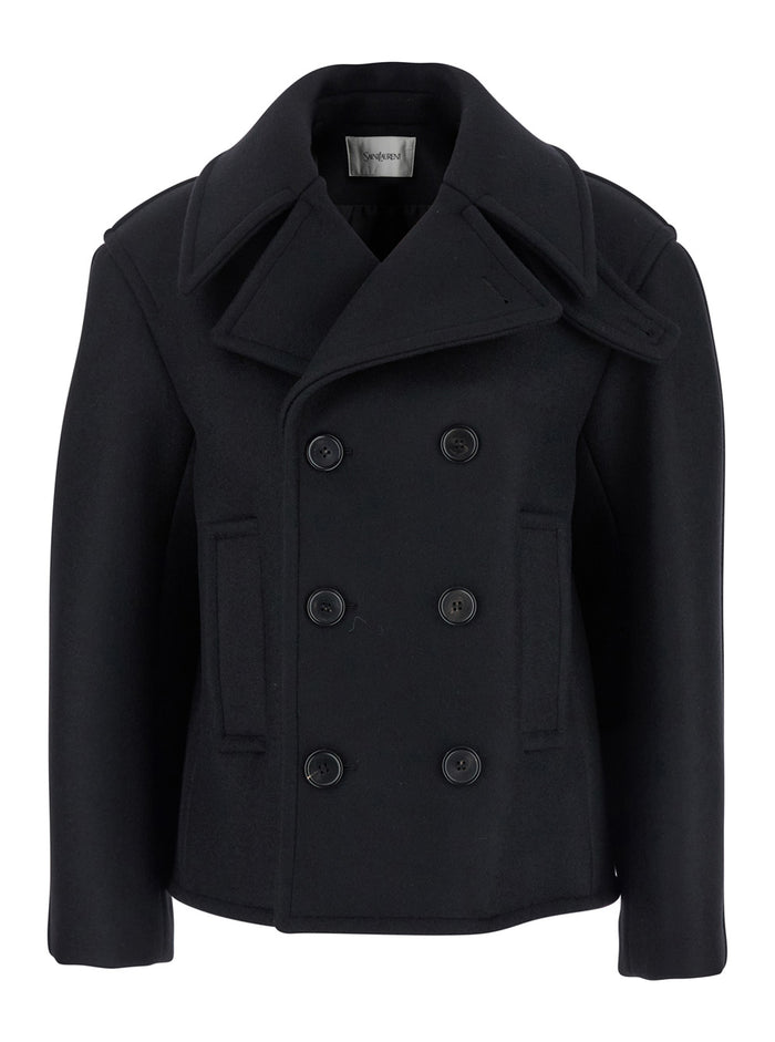 Black Double-Breasted Coat with Classic Wide Revers in Wool Woman Outerwear