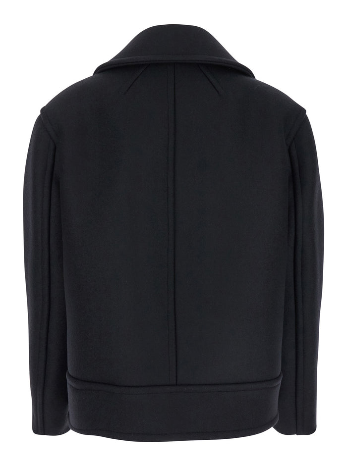 Black Double-Breasted Coat with Classic Wide Revers in Wool Woman Outerwear
