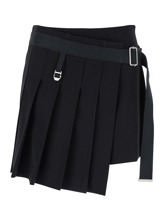 Jude Black Pleated Mini Skirt With Waist Belt Virgin Wool Elastan