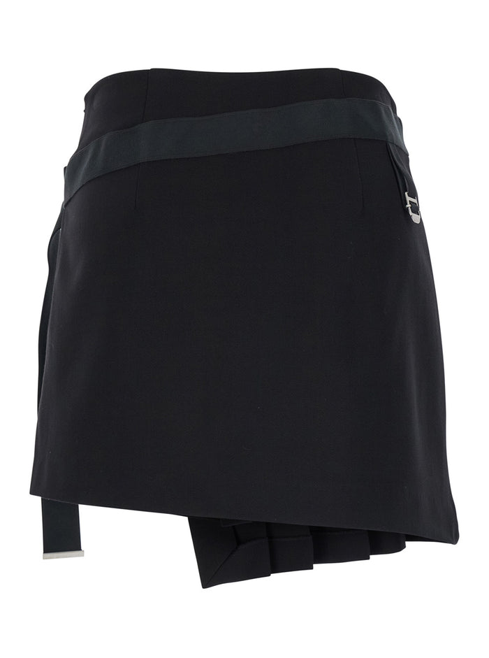 Jude Black Pleated Mini Skirt With Waist Belt Virgin Wool Elastan
