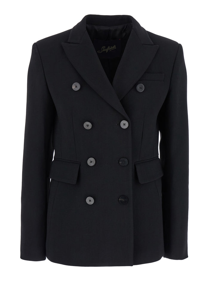 Chantal Black Double-Breasted Jacket With Peak Revers Wool Stretch Woman Elastan Virgin Blazers