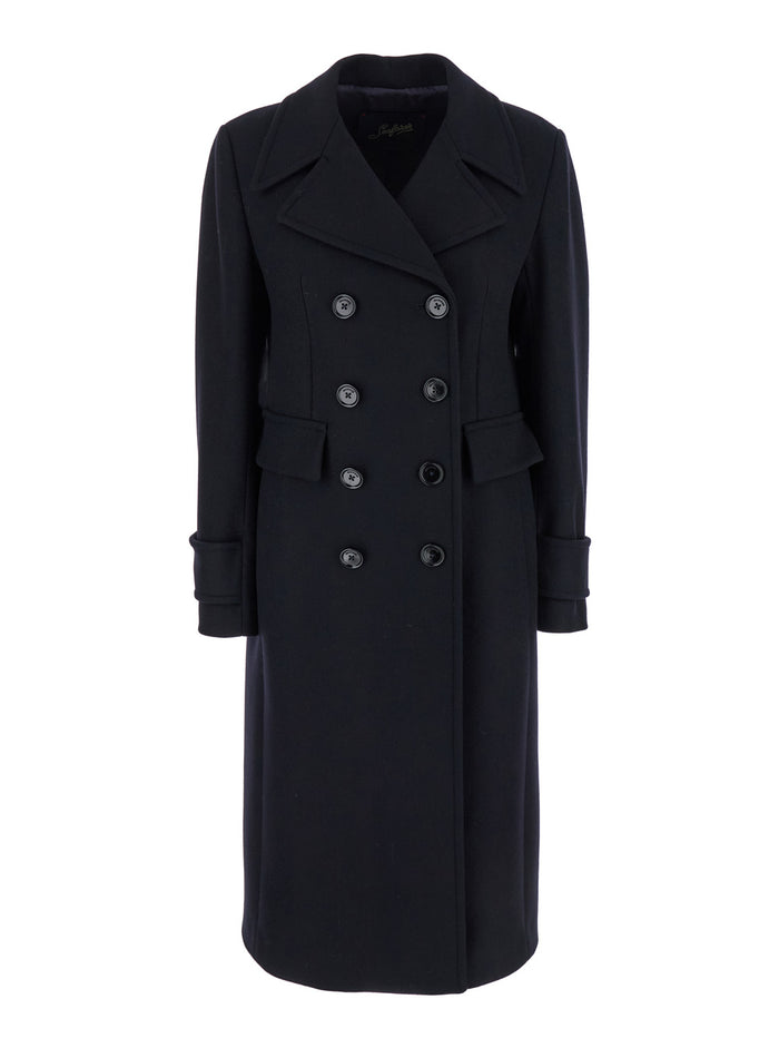 Queen Black Double-Breasted Coat With Oversize Notched Revers Wool Woman Virgin
