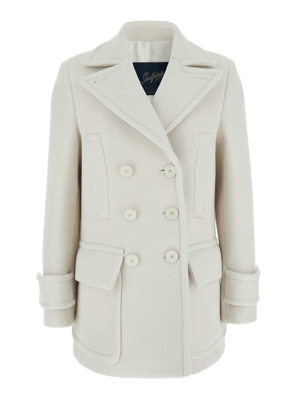 White Double-Breasted Coat With Notched Revers Virgin Wool Woman