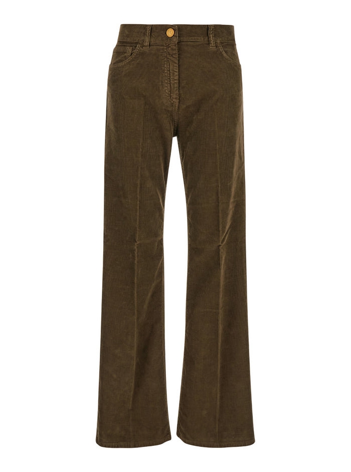 Brown Five-Pocket Jeans Courduroy Woman Green Cotton Elastan