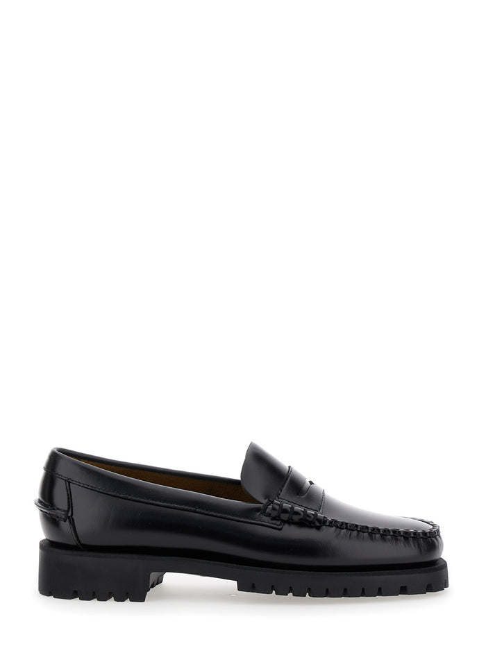Black Slip-On Loafers With Lug Sole Leather Woman