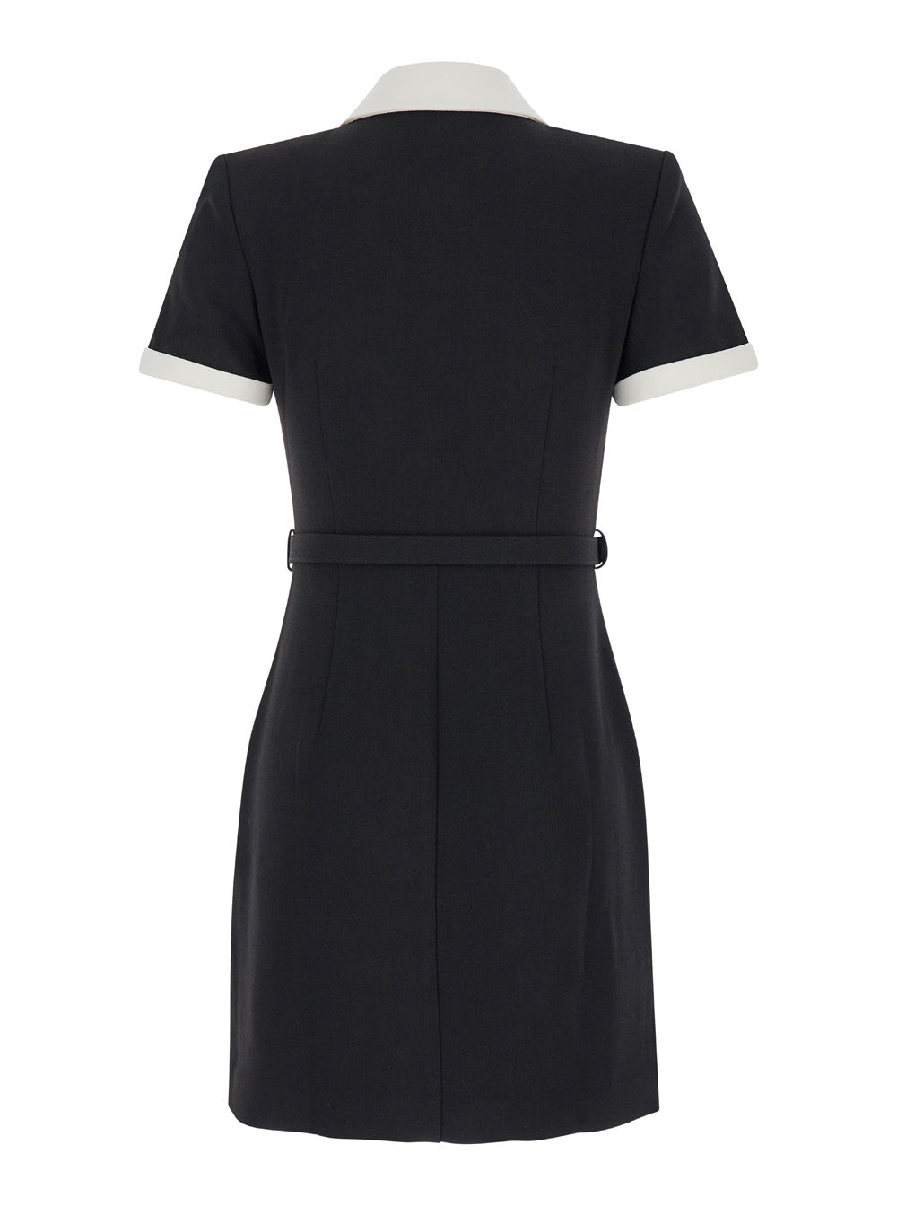 Black Short Dress With Contrasting Classic Collar And Belt Tech Fabric Woman