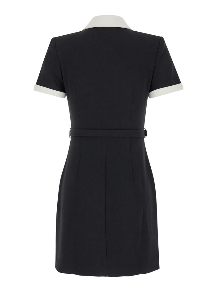 Black Short Dress With Contrasting Classic Collar And Belt Tech Fabric Woman