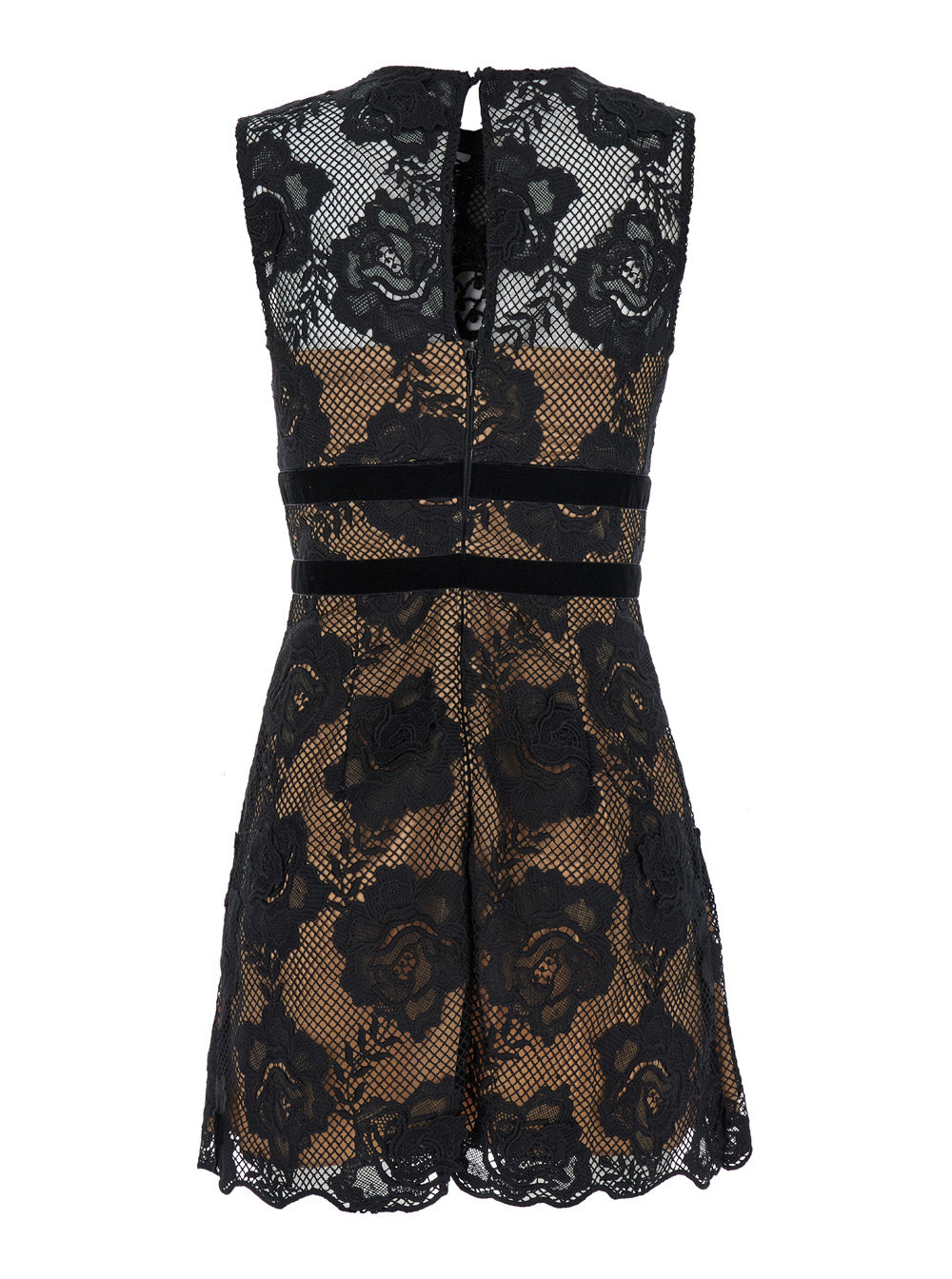 Black Crewneck Mini Dress With Lace Embellishments And Semi Sheer Design Tech Fabric Woman